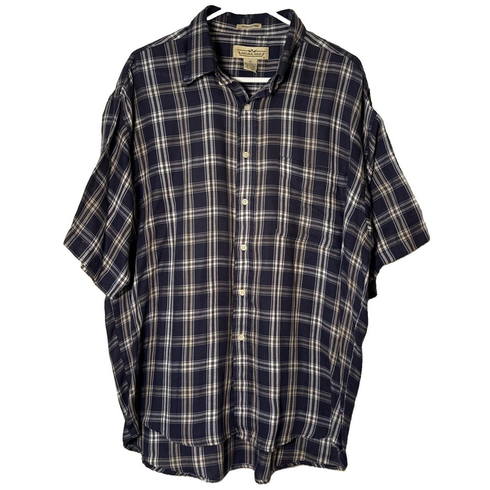 VTG Natural Issue Mens XL Blue Plaid Button Up‎ Shirt Wrinkle Free Korea 65/35